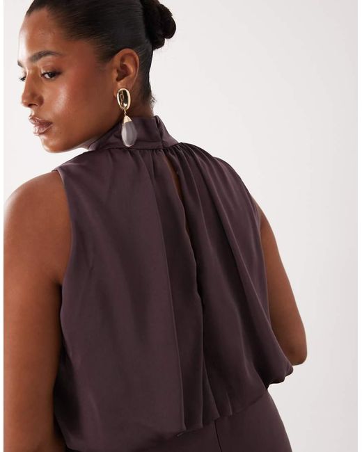 ASOS Brown Asos Design Curve Halter Neck Blouson Satin Maxi Dress
