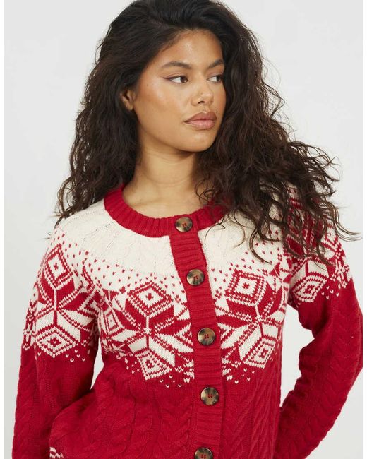 Brave Soul Red Snowflake Fairisle Christmas Cardigan