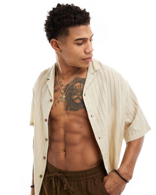 ASOS Brown Short Sleeve Oversized Revere Collar Textured Linear Shirt for men