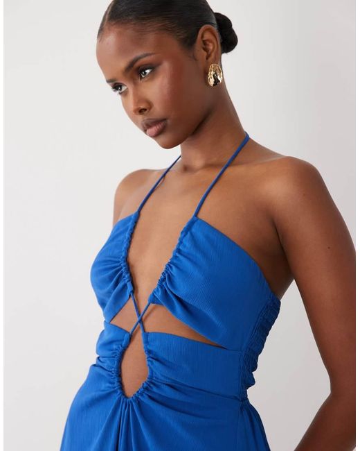 TFNC London Blue Chiffon Cut Out Detail Halter Neck Maxi Dress