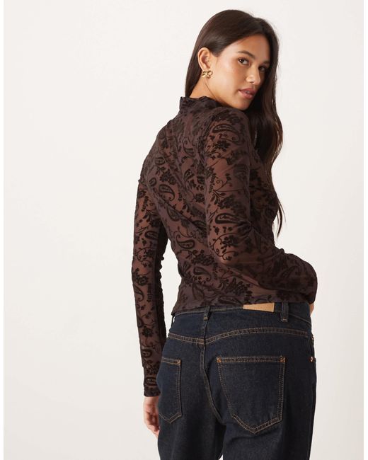 ASOS Brown High Neck Sheer Mesh Paisley Flocked Top