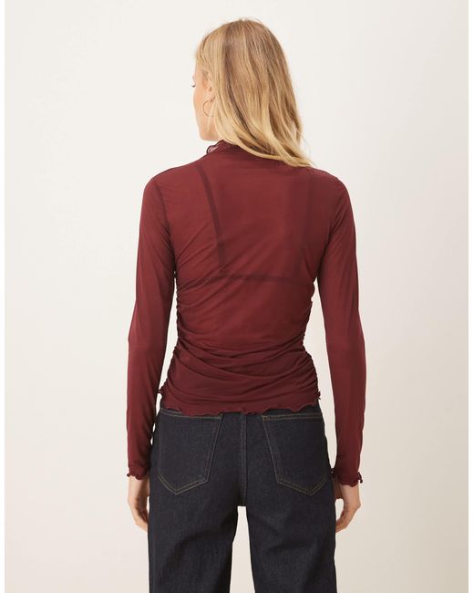 ASOS Red High Neck Mesh Semi Sheer Long Sleeve Top