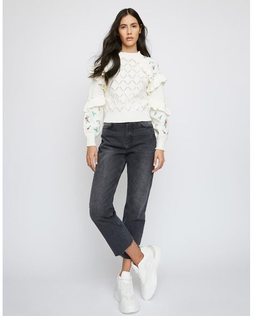 Glamorous White Ruffle Mini-Floral Long Sleeve Jumper