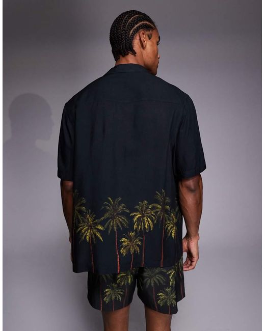 ASOS Blue Co-ord Relaxed Revere Shirt With Palm Tree Placement Print for men