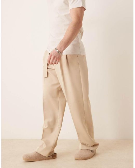 ASOS Natural Smart Belted Wide Leg Trousers With Front Double Pleats for men