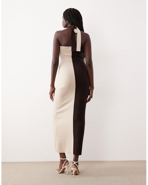 Pretty Lavish Natural Knit Twist Halter Neck Color Block Maxi Dress