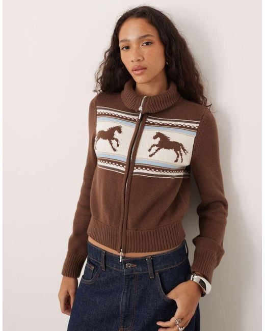 Abercrombie & Fitch Brown Double Zip Foldover Collar Horse Graphic Cardigan