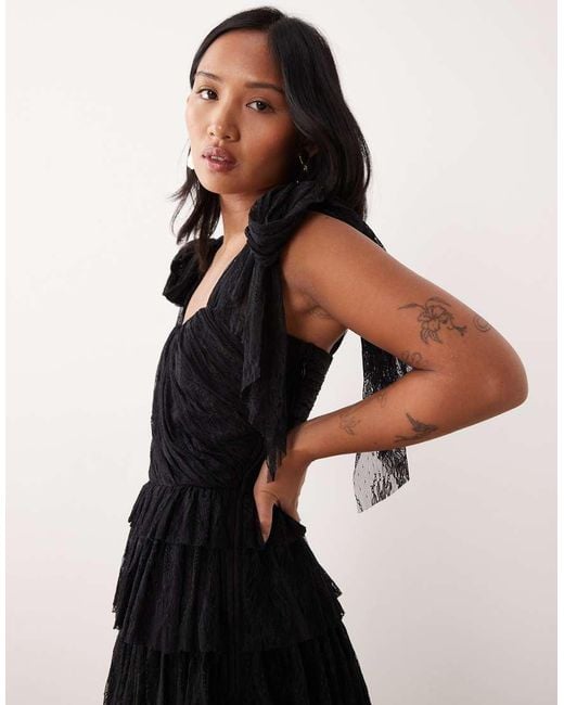 LACE & BEADS Black Lace Bow Shoulder Tiered Maxi Dress
