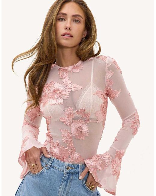 Loavies Pink Walk The Woven Path Mesh Top With Flowers