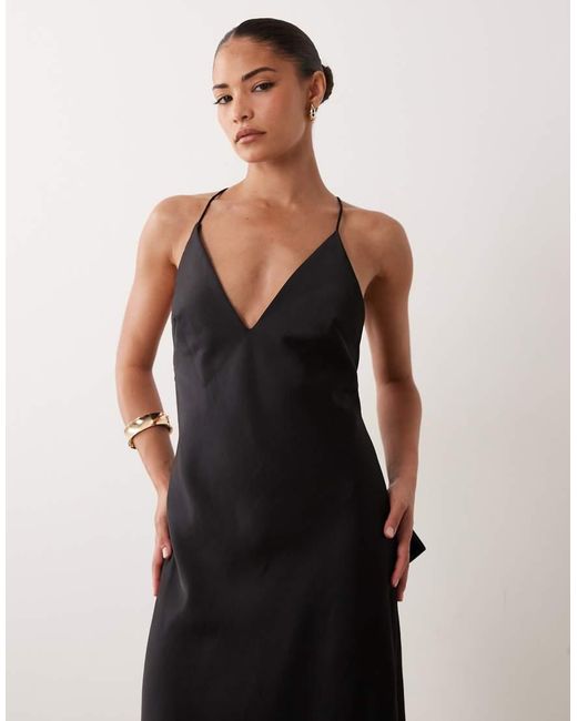 ASOS Black Asos Design Petite Satin Cami Maxi Dress With Bow Back