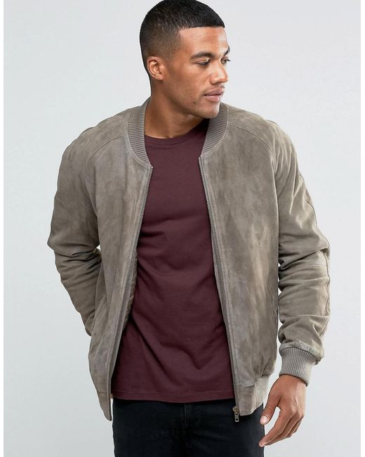 Asos Suede Bomber Jacket In Stone for Men | Lyst