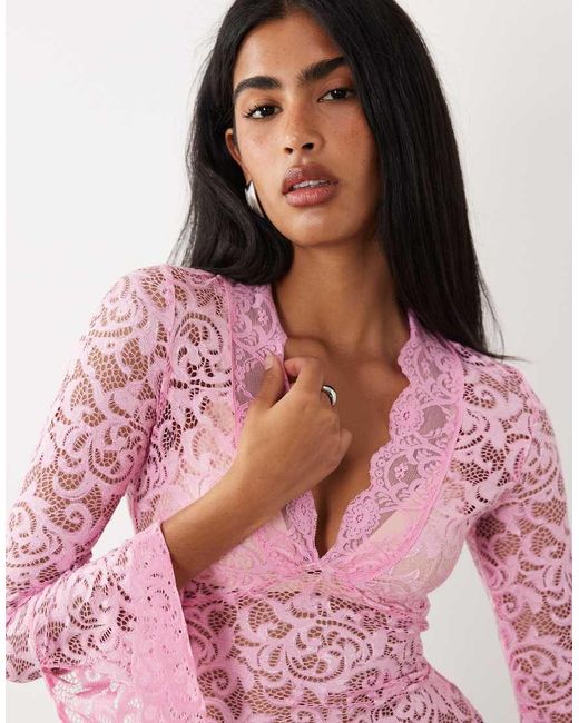 I.AM.GIA Purple Gemma Semi Sheer Plunge Neck Long Fluted Sleeve Lace Top
