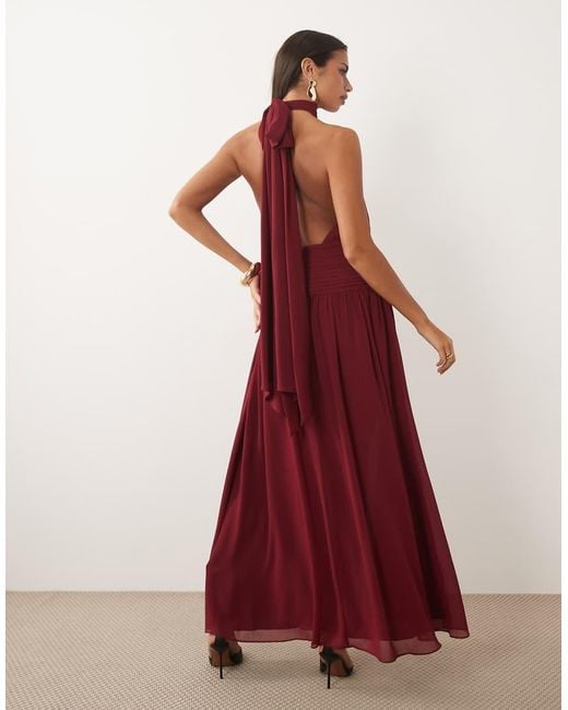 Forever New Red Chiffon Blouson Halter Neck Maxi Dress