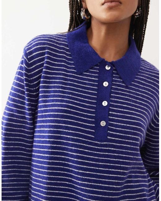 Lioness Blue Mayfair Knitted Collar Detail Boxy Long Sleeve Polo Jumper