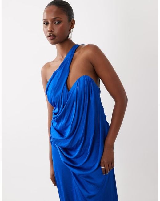 ASOS Blue Draped One Shoulder Satin Maxi Dress