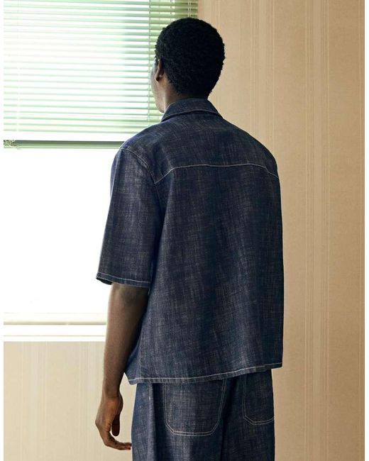 Bershka Blue Denim Short Sleeve Shirt With Clasps for men