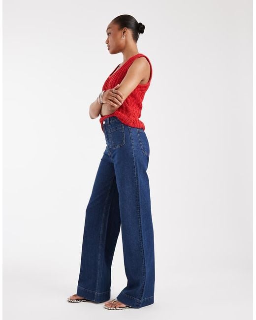 ASOS Blue Asos Design Tall High Waist Wide Leg Jeans With Front Pockets