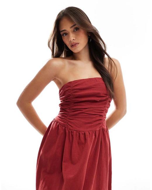 4th & Reckless Red Cotton Bandeau Ruched Detail Maxi Dress