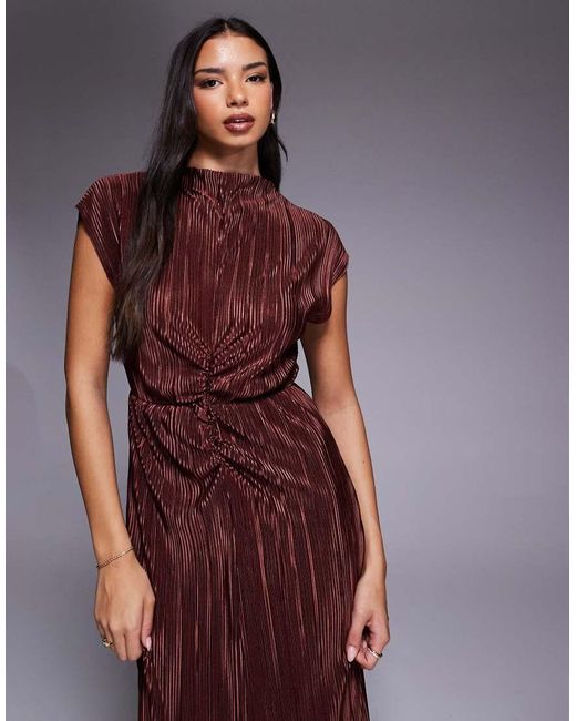 ASOS Purple Plisse High Neck Ruched Detail Midi Dress