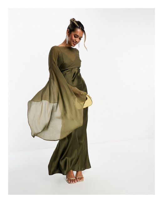 ASOS Extreme Sleeve Chiffon Maxi Dress With Satin Bias Skirt in White