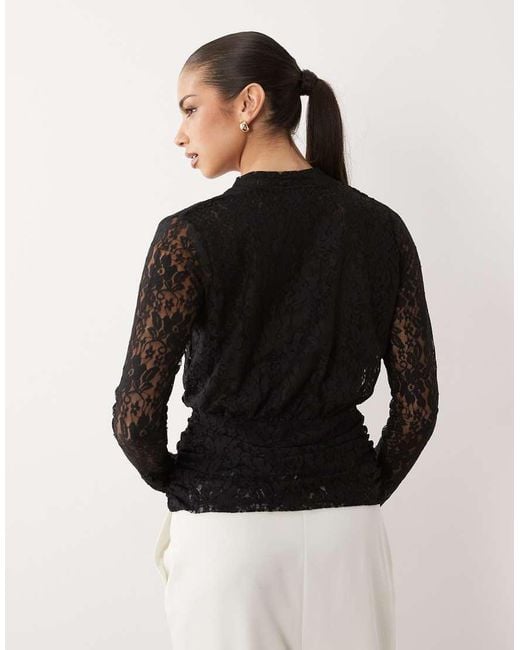 ASOS Black Lace Long Sleeve Plunge Top With Tie Waist