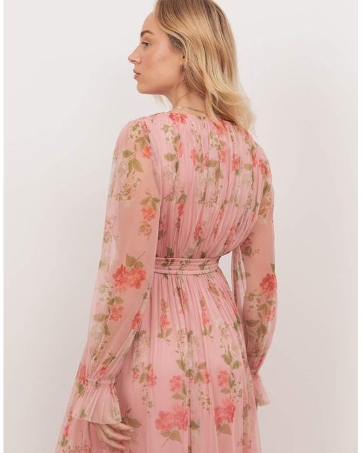 ANAYA Pink Floral Print Faux Wrap Long Sleeve Midaxi Dress