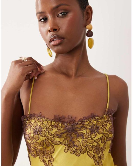 ASOS Natural Satin Lace Applique Midi Dress