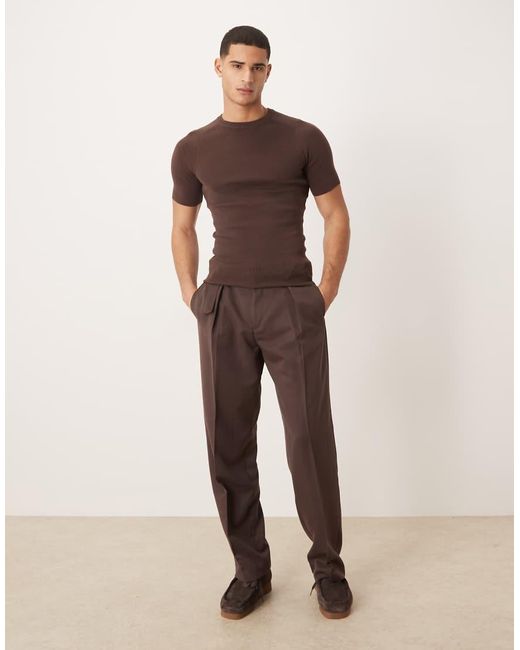 ASOS Brown Muscle Fit Knit Ribbed Crew Neck T-shirt With Saddle Sleeve for men