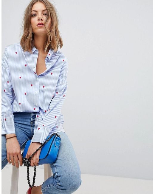 Chemise a rayures et a imprime c ur Stradivarius en coloris Bleu Lyst