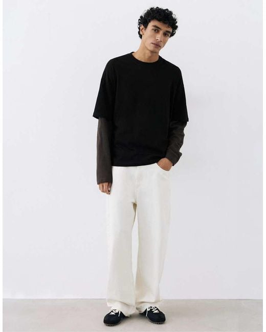 Pull&Bear Black Double Long Sleeve T-Shirt for men