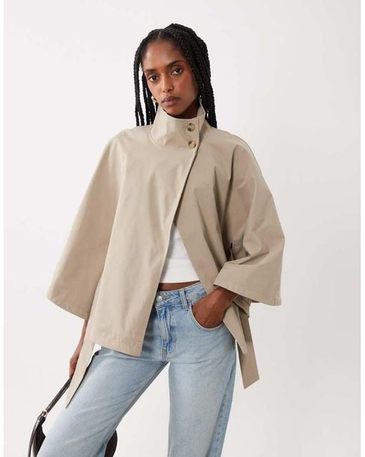 Threadbare Natural Short Cape Trench Jacket With Funnel Neck And Belt
