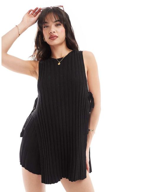 SNDY'S Black Knit Rib Open Tie Side Sleeveless Top Co-ord