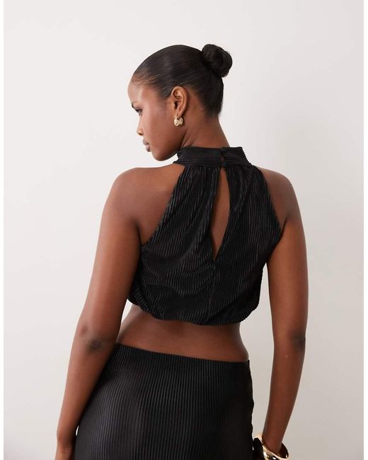 ASOS Black Co-ord Plisse Cropped Bubble Halter Neck Top
