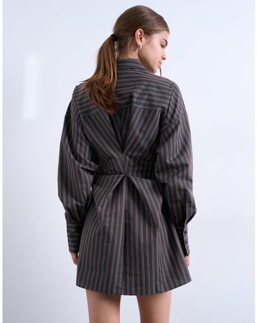 TOPSHOP Gray Gathe Waist Long Sleeve Shirt Dress