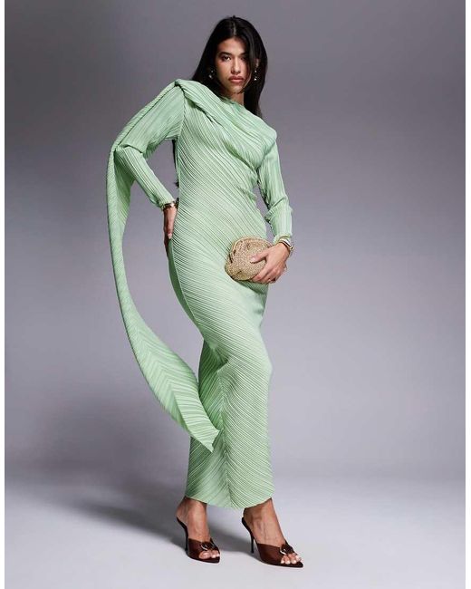 ASOS Green Plisse Long Sleeve Drape Detail Maxi Dress