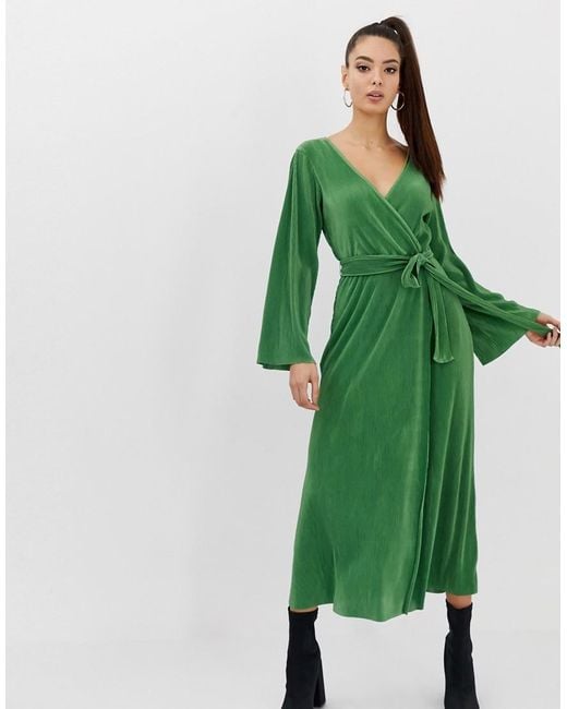ASOS Lange Plisse-jurk Met Overslag in het Groen | Lyst NL