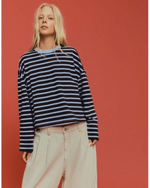 Bershka Blue Striped Boxy Long Sleeve T-Shirt