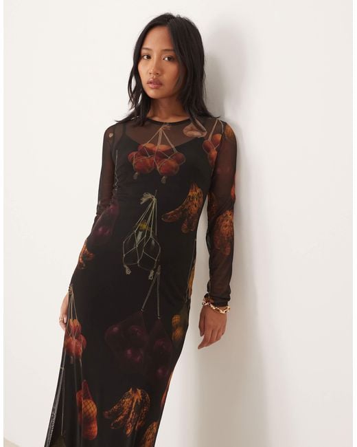 Never Fully Dressed Natural Petite – langärmliges midaxi-kleid aus netzstoff