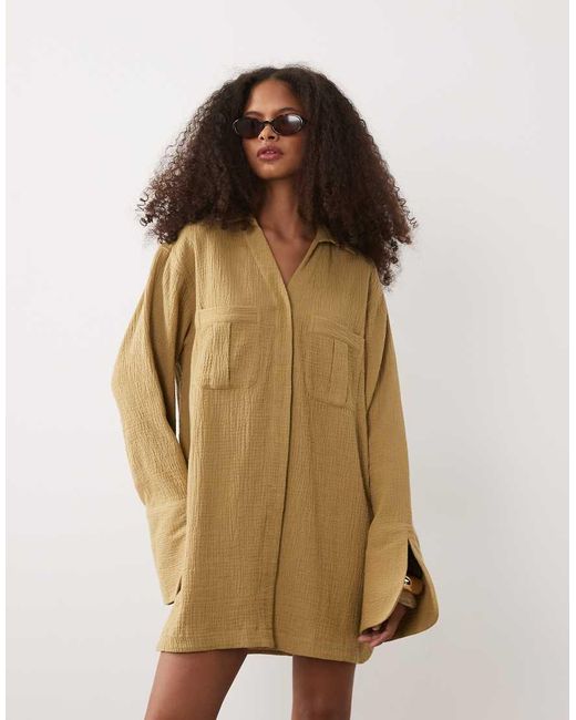 ASOS Natural Double Cloth Mini Shirt Dress With Wide Cuffs And Oversized Pockets