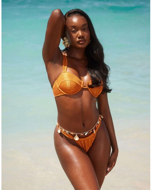South Beach Orange Crinkle Ruched Side Bikini Bottom