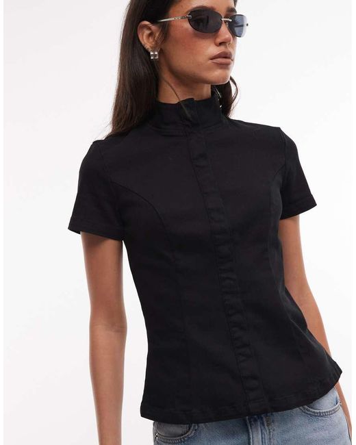 Weekday Black Structured Button Up Top