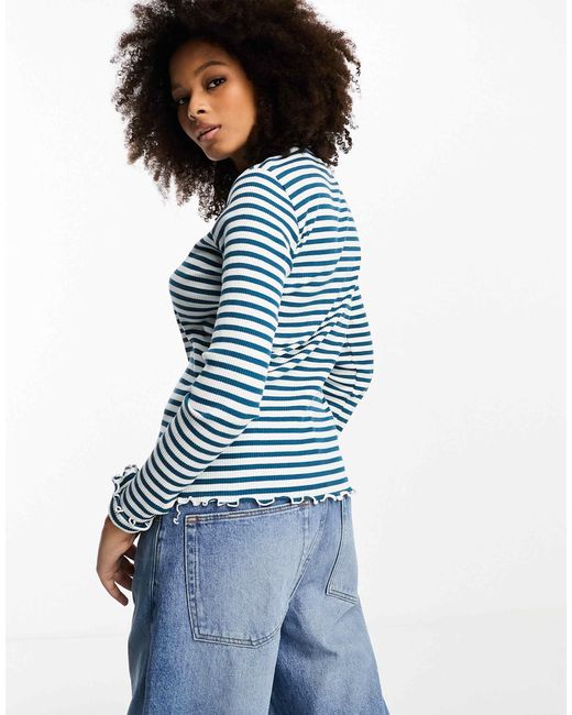 Vila Blue – geripptes, langärmliges shirt mit kräuselsaum und en streifen