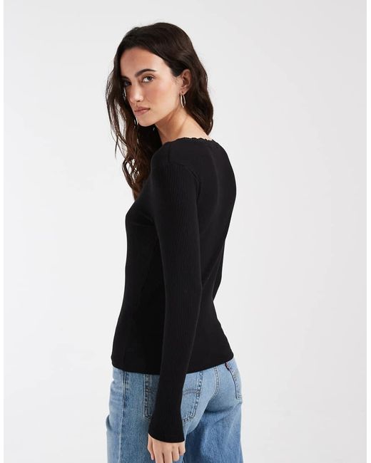 ONLY Black V Neck Long Sleeve Top With Lace Detail
