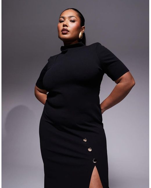 ASOS Blue Asos Design Curve High Neck Maxi Pencil Dress With Short Sleeves And Large Gold Button Detail Split