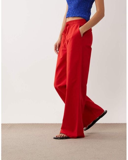 Miss Selfridge Red Linen Blend Wide Leg Trouser