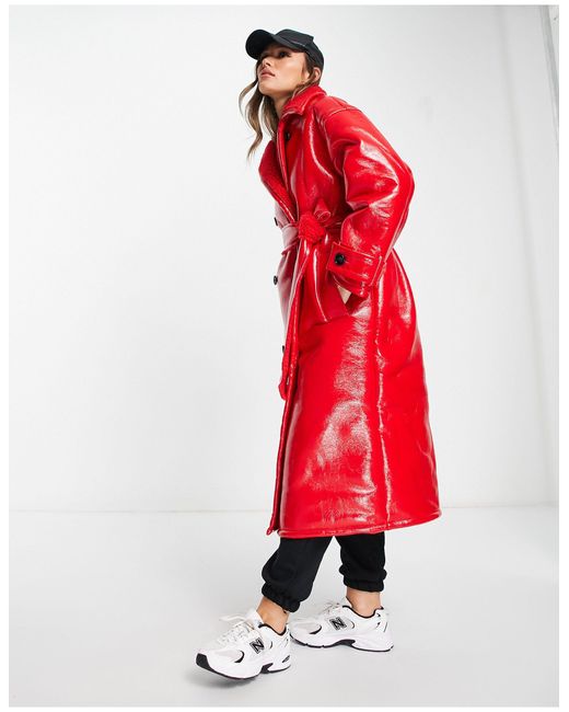 ASOS Red Oversized Bonded Borg And Vinyl Trench Coat And