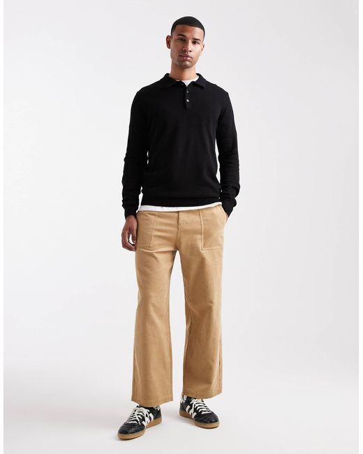 Brave Soul Black Placket Long Sleeve Polo Top for men