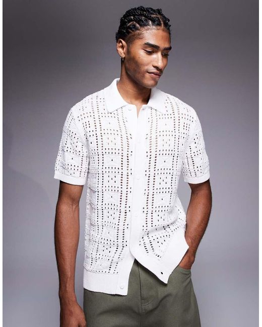 River Island White Knitted Crochet Shirt for men