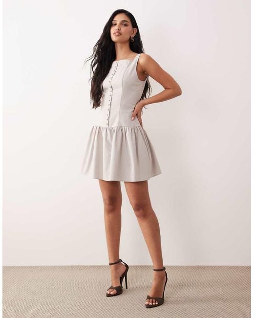 Kaiia Gray Exclusive Linen Blend Square Neckline Button Detail Mini Dress