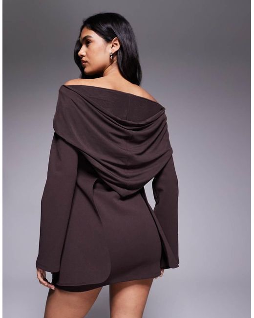 ASOS Purple Double Hem Detail Mini Dress With Chunky Gold Button Front And Mesh Shoulder And Hood Cowl